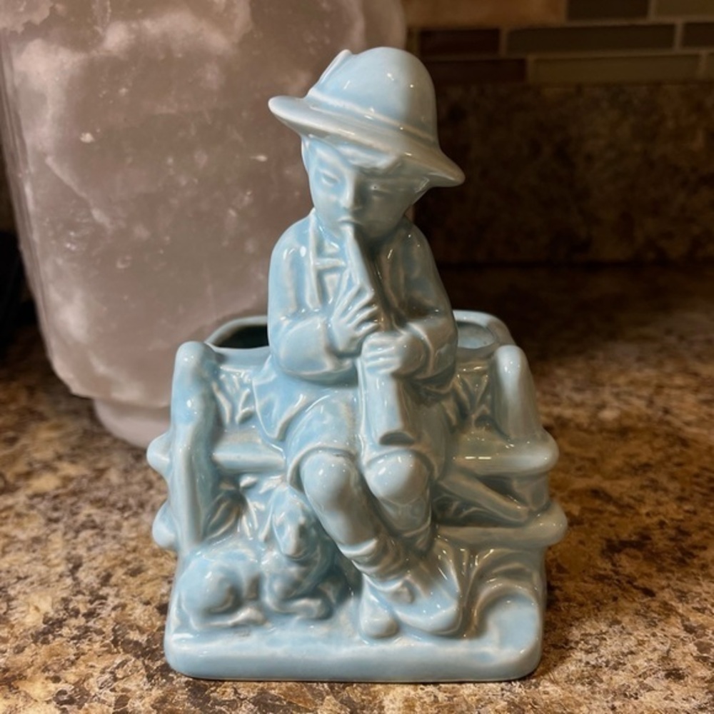 Vintage Blue Planter Boy Playing Flute with Dog
